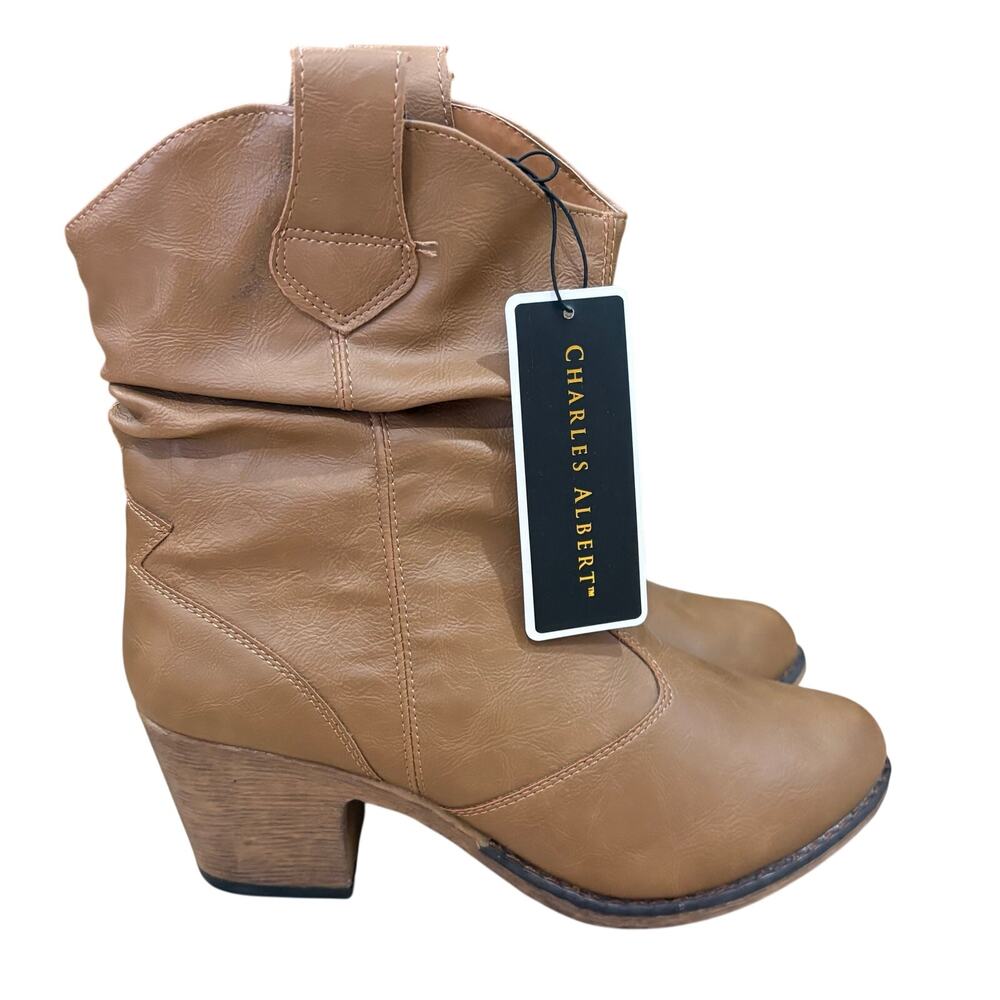 NWT Charles Albert Women’s Tan Cowboy Boots 100% Vegan Leather Modern Western 8M - Picture 2 of 8
